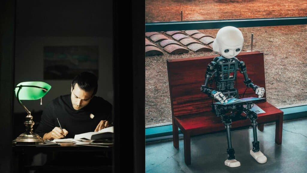 An image of a man writing a book on the left.  He is sitting at a desk. On the desk is a lamp with a green hood on top.  On the right is an AI robot man sitting on a red oak bench and writing a book on a tablet.