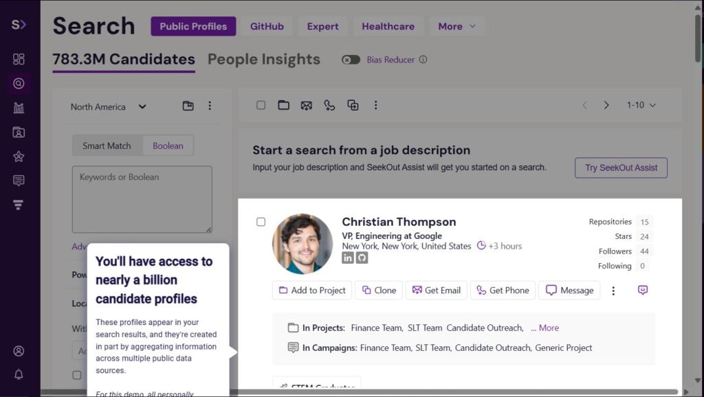 A screenshot of SeekOut's database and public profiles.