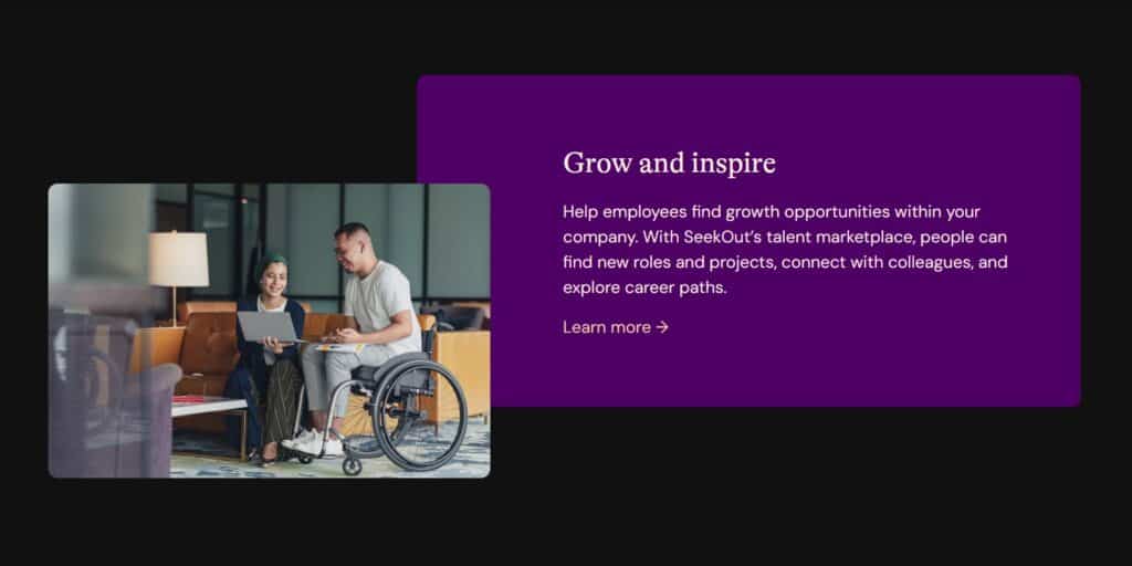 An image on the left of a smiling man in a wheelchair. A woman is on his right, sitting on a sofa holding a laptop and showing the man something on the laptop. There is a header on the right side of the image which says "Grow and inspire." Below the header are the following words: "Help employees find growth opportunities within your company. With SeekOut’s talent marketplace, people can find new roles and projects, connect with colleagues, and explore career paths."