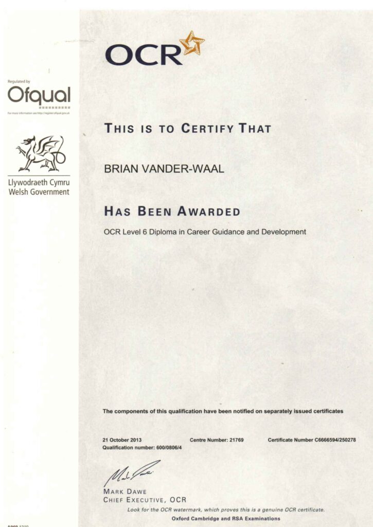 About Brian Vander Waal's qualifications: An image of Brian Vander Waal's OCR Level 6 Diploma in Career Guidance and Development.