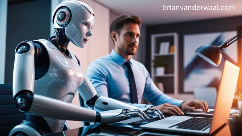 A luminously progressive android assistant is working seamlessly alongside a human remote worker man in a home office setting. The sleek, silver robot stands out as it works alongside the remote worker professional, seamlessly integrating advanced technology with human labour. Both the android and man are sitting at a desk in front of a laptop, typing on their respective laptops. There is a lamp on the desk. In the background is a bookshelf and a painting. This striking portrayal exemplifies the future potential of artificial intelligence in remote work, highlighting a harmonious blend of innovation and human collaboration. On the top right it says "brianvanderwaal.com" in white lettering.