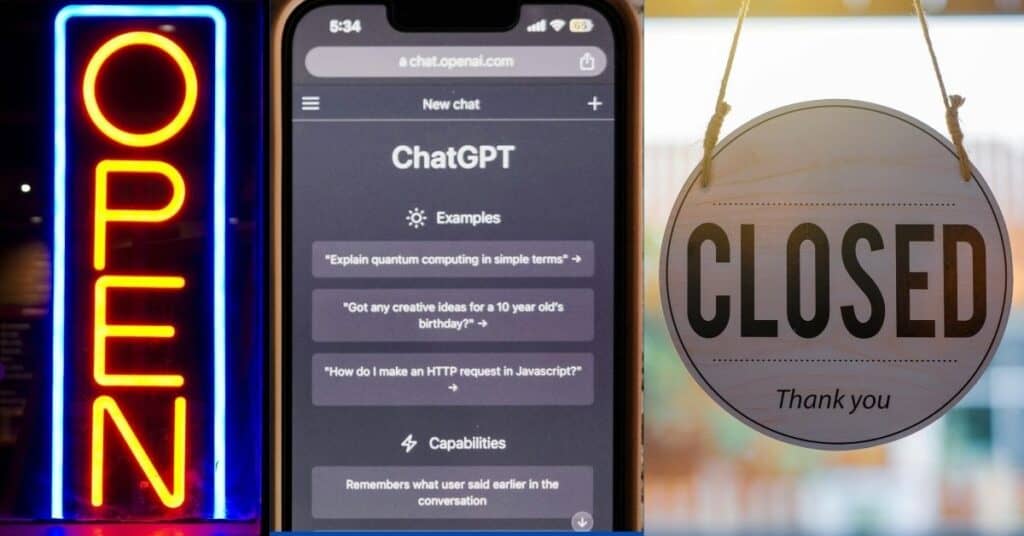 An image of an open sign on the left, a closed sign on the right, and a mobile with ChatGPT open in the middle.  This image represents the topic "Open Vs Closed AI Systems."