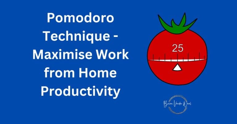 A graphic of a tomato timer on the right and the "Brian Vander Waal" logo below with the header "Pomodoro Technique - Maximise Work from Home Productivity" on the left.