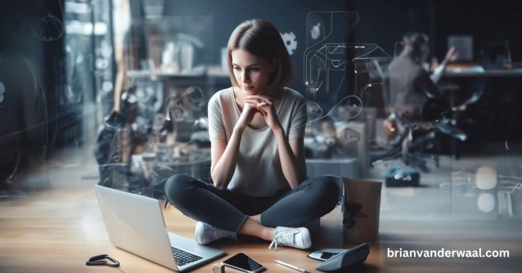 An image of a woman sitting on the floor with her laptop, phone, calculator and pen in front of her.  She is a remote worker.  There are people working in the background and graphics representing AI.  This image represents the ways AI is transforming remote work. On the bottom right it says "brianvanderwaal.com."
