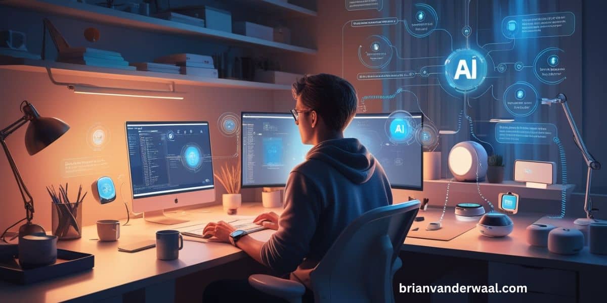 A man remote worker in a home office is sitting at a desk in front of three computer screens. He is seamlessly supported by advanced AI tools. The worker's space is illuminated by the soft glow of his computer screen, surrounded by sleek, futuristic gadgets. This image showcases the ways AI is transforming remote work environments. The intricate details of the worker's setup, from the AI assistant providing real-time suggestions to the seamless automation of tasks, exemplify the cutting-edge technology transforming modern workspaces. On the bottom right it says "brianvanderwaal.com."