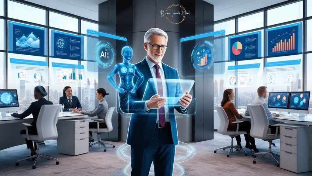 A modern corporate office setting where a leader is being supported by AI. The leader is at the center of the image, using a high-tech device like a transparent touchscreen tablet. Around the leader are holographic displays showing various data analytics, predictive charts, and strategic planning interfaces. An AI assistant hologram is next to the leader, providing real-time insights. Team members are working in the office: one is sitting at a desk using a computer with AI-driven data analytics tools, another is collaborating with a digital whiteboard with AI suggestions, and another is engaged in a virtual meeting with a holographic conference call setup. The office is sleek and contemporary with large windows showing a cityscape view.