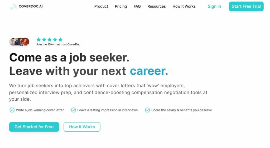 CoverDoc.ai homepage. Coverdoc.ai is one of the best AI tools for jobseekers.