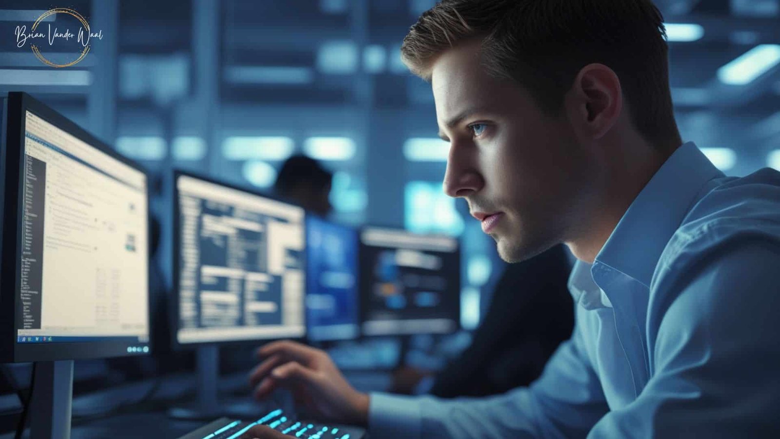 An Image Of A Cybersecurity Analyst Working With Multiple Screens In Front Of Him.  In The Top Left Corner Is The &Quot;Brian Vander Waal Brand Logo.