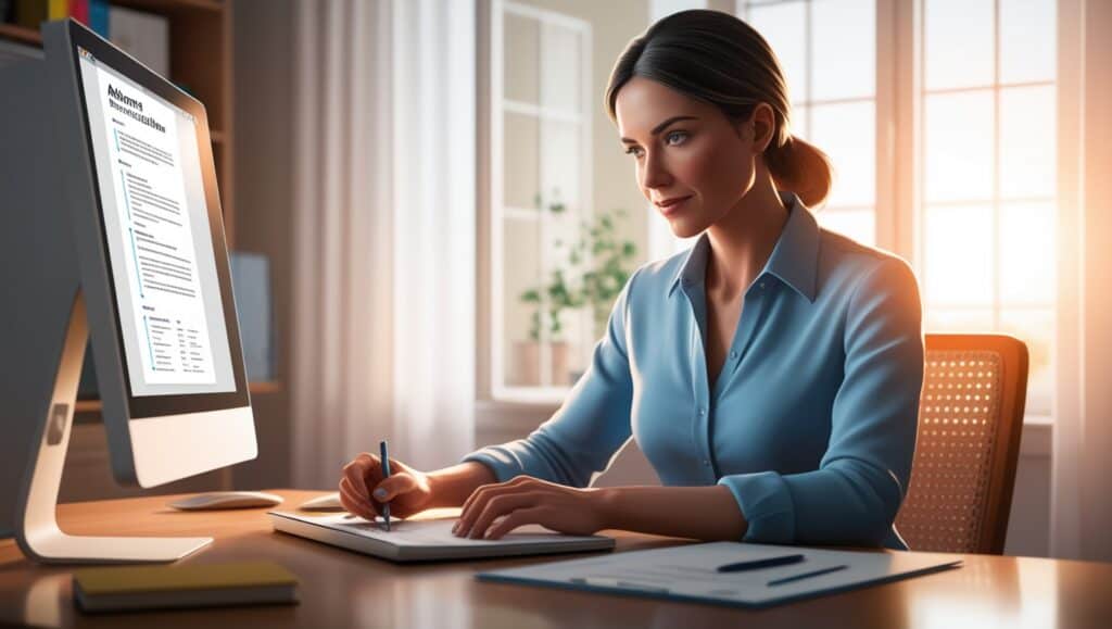 An image of a woman working in her home office, creating her CV / resume with an advanced AI Resume Builder / AI CV builder. She is sitting at a desk in her home office. The sun is shining through the windows of her house. There is a computer screen in front of her with the AI tool on her screen.