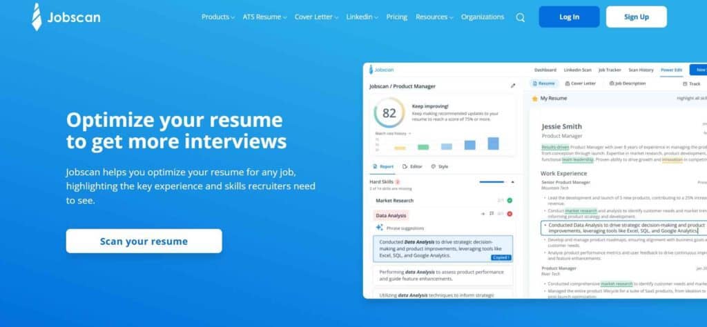 Jobscan home page. Jobscan is one of the best AI tools for jobseekers.