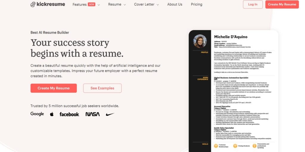 An image of Kickresume's home page. Kickresume is one of the best AI tools for jobseekers.