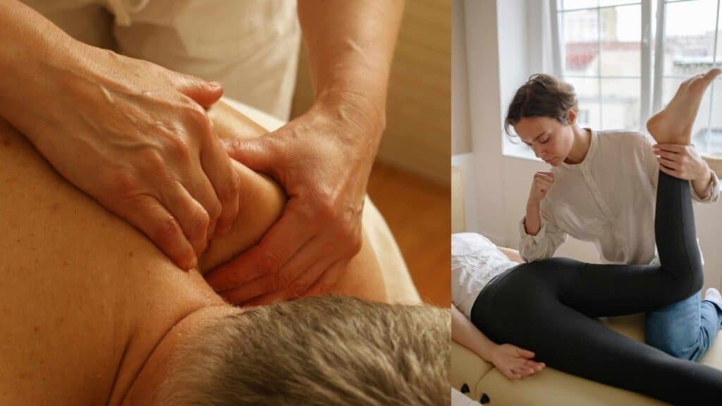 Two Images Side By Side Of A Physical Therapist Assistant.  On The Left The Pta Is Doing Massage And On The Right A Stretch And Massage Therapy.