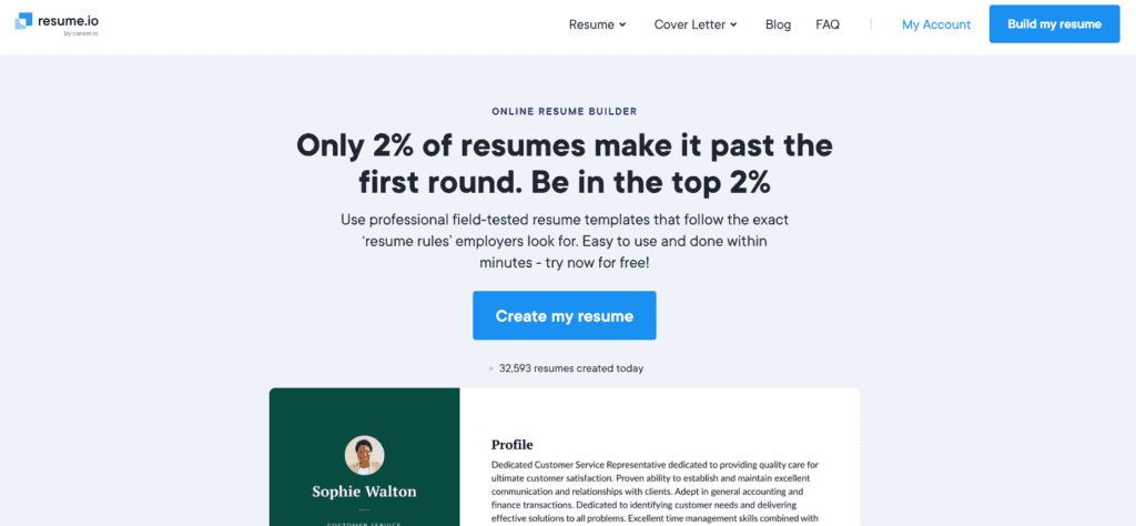 Resume.io home page. Resume.io is one of the best AI tools for jobseekers.