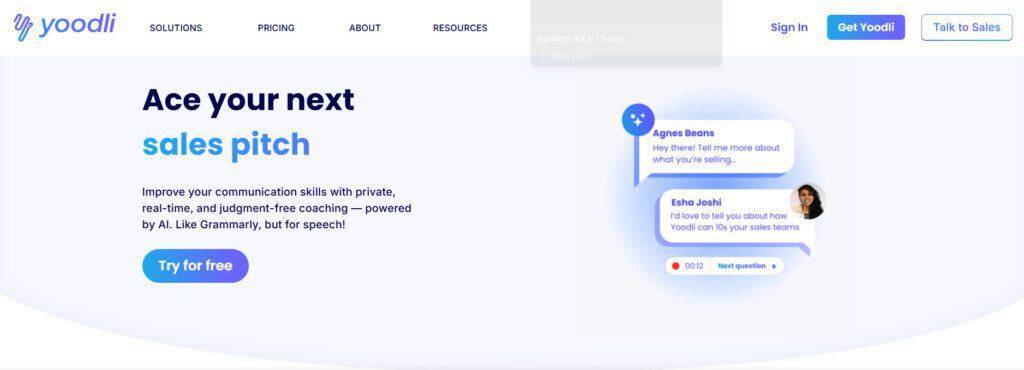 Yoodli home page. Yoodli is one of the best AI tools for jobseekers.