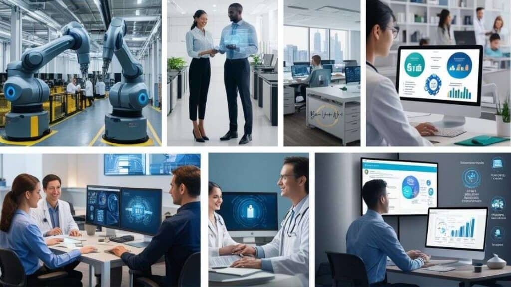 A Colleague Image Showing How Ai Tools Are Used In Different Sectors. There Are Images Showing Ai Tools In Manufacturing, Ai In Banking And Financial Services, Ai In Healthcare, Ai In Marketing, Ai In Retail, And Ai In Schools And Teaching.