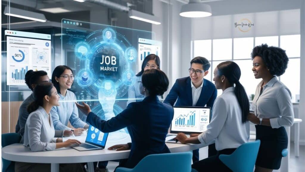 An Image Which Shows How Ai Is Impacting A Team'S Daily Work And Why It Is Important For Ai Job Market.  A Diverse Team Of 8 People Is Sitting Around A Large Meeting Table.  A Hologram Is Radiating From The Table. An Ai Interface, Showing A Digital Screen With The Word &Quot;Job Market&Quot; In The Centre, A Circle Of Images Around It And A Bar Chart To The  Right. There Is Another Screen To The Left With Data Visualisations And Job Market Statistics. There Is Also The Brian Vander Waal Brand Logo On The Window Blinds.