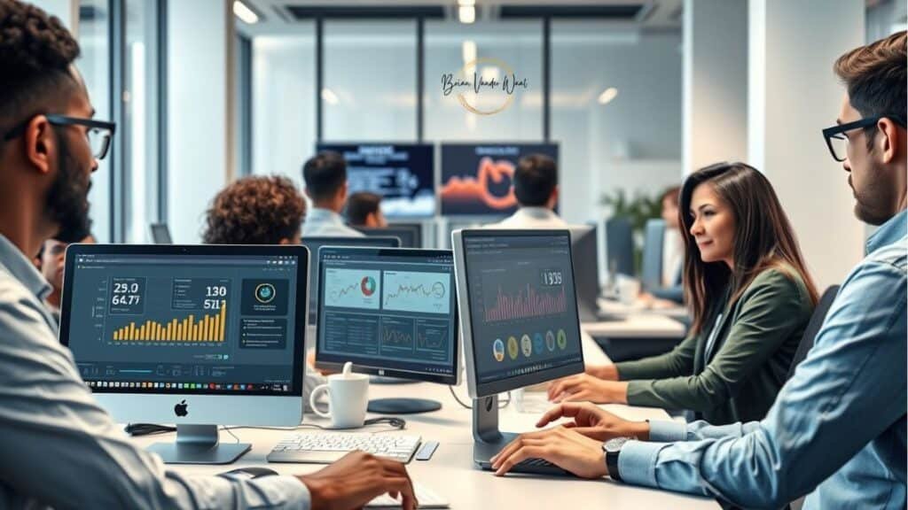 An Image Of A Professional Workspace In A Modern Office With Several Staff Members Using Ai Software At Their Computer Desks. The Computer Screens Have Data Visualisations, Machine Learning Graphs, And Job Market Statistics. There Is Also The Brian Vander Waal Brand Logo In The Window.