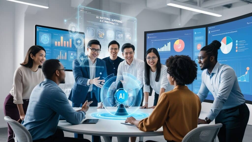 A Professional Lady Looking A A Small, Round Ai Hologram With A Lager Square Hologram Above It. She Is Surrounded By Her Colleagues From Her Team Who Are Smiling Because They Are In Awe And Very Interested In What She Is Showing Them. There Are Large Digital Screens On The Wall With Graphs, Bar Charts And Pie Charts.  The Image Shows How The Professional Lady Has Future-Proofed Her Career Against Job Displacement In The Ai Job Market. It Represents How You Also Can Future-Proof Your Career Against Job Displacement In The Ai Job Market.