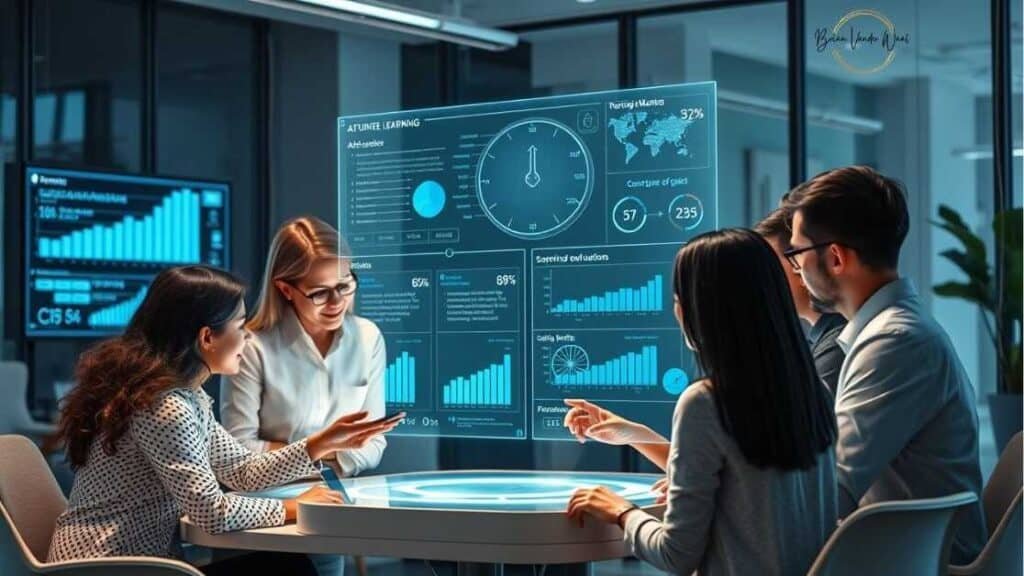 An Image Of Five Staff Members Sitting Around A Modern Office Table. A Professional Workspace In A Modern Office With A Diverse Group Of People Using Ai Software At Their Computer Desks. The Staff Members Are Collaborating Around A Holographic Ai Interface Reflecting From The Table And Displaying In Front Of Them. It Is Showing Data Visualizations, Machine Learning Graphs, And Job Market Statistics Representing The Future Of Work. There Is Also The Brian Vander Waal Brand Logo On The Window. This Is The Featured Image For The Article &Amp;Quot;How To Prepare For Ai Job Market To Secure Future Success.&Amp;Quot;
