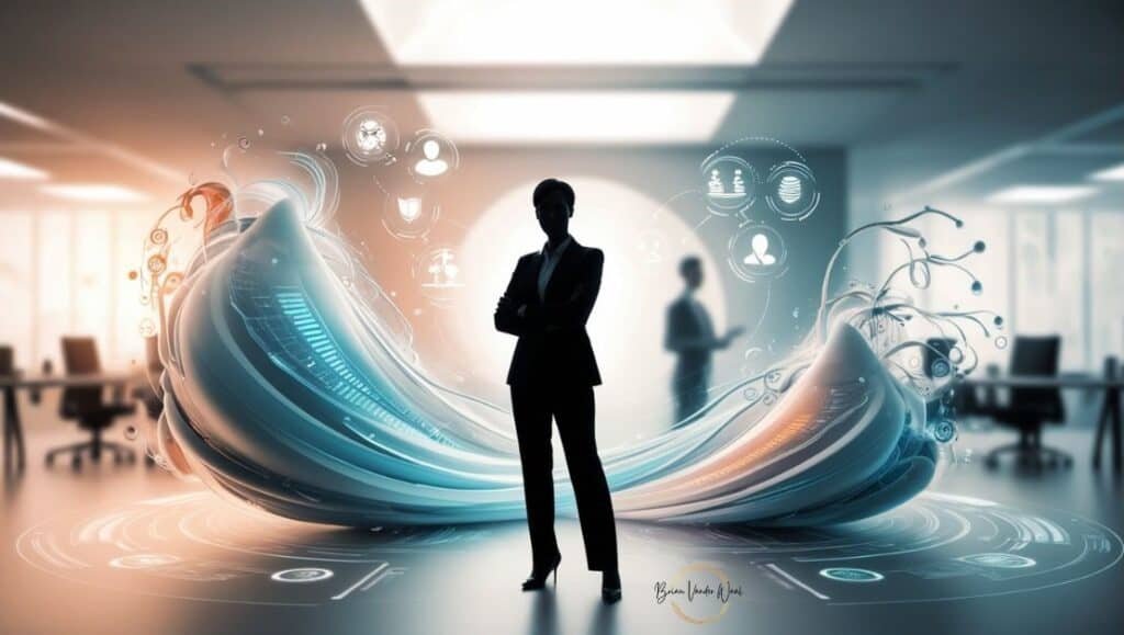 An Image Of A Dynamic, Forward-Looking Professional Scene Visualising Personal Growth And Technological Adaptation, Featuring:
A Professional Silhouetted Figure Standing Confidently
Surrounding The Figure, Fluid, Transformative Visual Metaphors Of Learning And Technological Evolution
Soft, Ethereal Technological Elements Representing Skill Development And Adaptability
Subtle Transitions Between Human And Technological RepresentationsBackground Elements:
Abstract Representations Of Knowledge And Skill Progression
Flowing, Interconnected Digital-Organic Forms
Gradient Of Warm And Cool Technological Colours
Blurred But Sophisticated Workplace Environment. It All Shows How To Prepare For Ai Job Market To Secure Future Success.