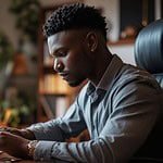 A Man Sitting At A Desk In His Home Office Creating A Cv On His Ai Cv Builder On His Computer. He Is Using The Best Ai Cv Builder.