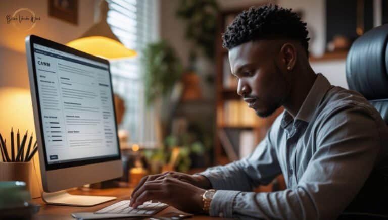 A Man Sitting At A Desk In His Home Office Creating A Cv On His Ai Cv Builder On His Computer. He Is Using The Best Ai Cv Builder.