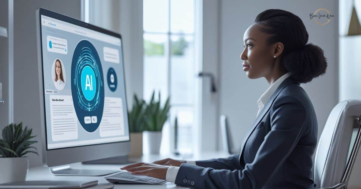 An Image Which Represents How Ai Is Changing The Job Interview Process. A Picture Of A Modern Job Interview Scenario Enhanced By Ai Technology. The Image Features A Confident Job Candidate (A Woman) Sitting In Front Of A Computer Engaging In An Ai-Powered Video Interview. The Scene Is In A Contemporary Home Office. The Candidate Is Dressed Professionally, Exuding Confidence, While Her Attention Is Focused On The Screen. The Ai Interview Tool Is Analyzing Her Responses.