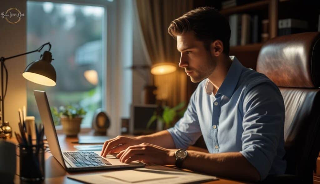 A Man Sitting In A Brown Leather Office Chair In His Home Office.  There Is A Laptop In Front Of Him On The Desk. His Fingers Are On The Laptop And He Is Looking At The Screen.  He Is Having A Video Based Ai Interview. Through This Image We Get A Taste Of How Ai Is Changing The Job Interview Process.