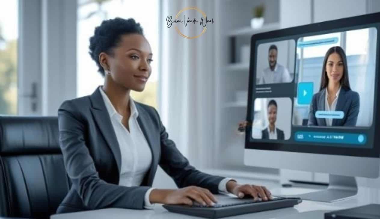 A Woman Sitting At A Desk In Her Home Office On An Office Chair.  She Is Being Interviewed By An Ai Interview Tool.