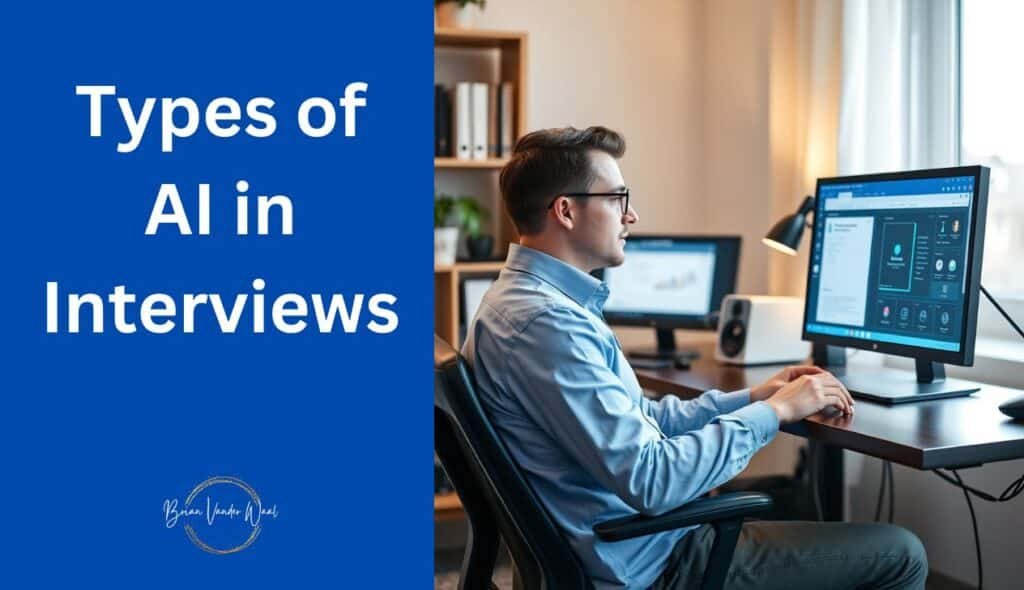 An Image Of A Man Sitting In A Simple Black Office Chair In His Home Office.  There Is A Computer Screen In Front Of Him On The Desk. He Is Looking At The Screen.  He Is Having An Automated Video Interview. Through This Image We Get A Taste Of How Ai Is Changing The Job Interview Process.