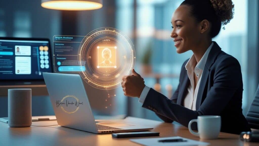 What Is The Future Of Ai-Powered Job Search Beyond 2026? 4 An Image Of A Professional Woman Sitting Confidently At A Modern Desk, With A Laptop Open.
She Is Smiling. Another Computer Screen Behind Shows An Ai-Powered Job Search Tool On The Screen. On One Side Of The Desk, Above The Laptop Is A Glowing Holographic Resume Or Cv Being Reviewed By A Digital Assistant. The Brian Vander Waal Brand Logo Is On The Back Of The Laptop. This Image Represents The Challenges And Ethical Considerations Of Ai Tools. This Image Also Represents Ai-Human Partnership In Job Search.