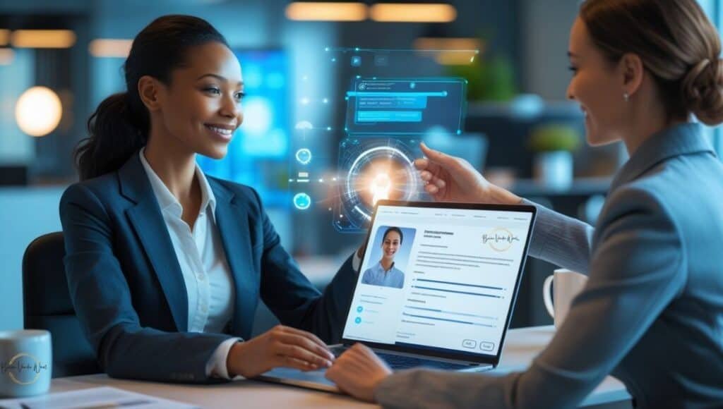 What Is The Future Of Ai-Powered Job Search Beyond 2026? 3 A Professional Woman Sitting Across From A Recruiter At A Modern Desk. She Is Smiling With Confidence And Showing Good Posture. A Laptop Is Open Showing A Modern Candidate Profile (Ie Digital Resume Or Cv), Which Was Developed By A Dynamic Ai Job Search Tool Of The Future. Above The Laptop (Which Is In Between The Candidate And Hiring Manager) Is A Glowing Holographic Resume Or Cv Being Reviewed By A Digital Assistant. The Image Represents The Harmony Between Human Skills And Ai Tools In The Job Search Process. The Brian Vander Waal Brand Logo Can Be Seen On The Mug And In The Top Right Corner Of The Computer Screen.
