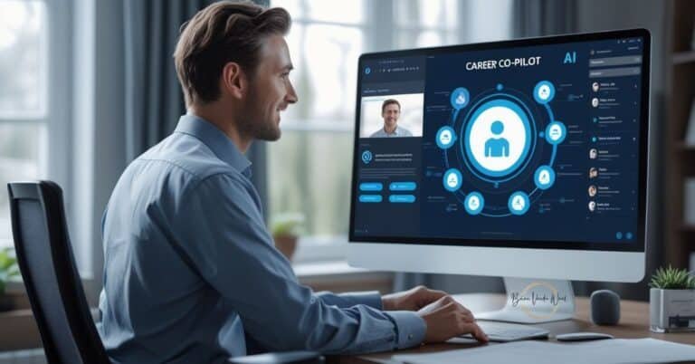 What Is The Future Of Ai-Powered Job Search Beyond 2026? 5 An Image Of A Professional Sitting At A Desk In His Home Office. A Sleek, Futuristic Ai 'Career Co-Pilot' App Or Program Provides Careers Guidance On The Computer Screen. The Brian Vander Waal Brand Logo Is Also On The Base Of The Computer Screen.