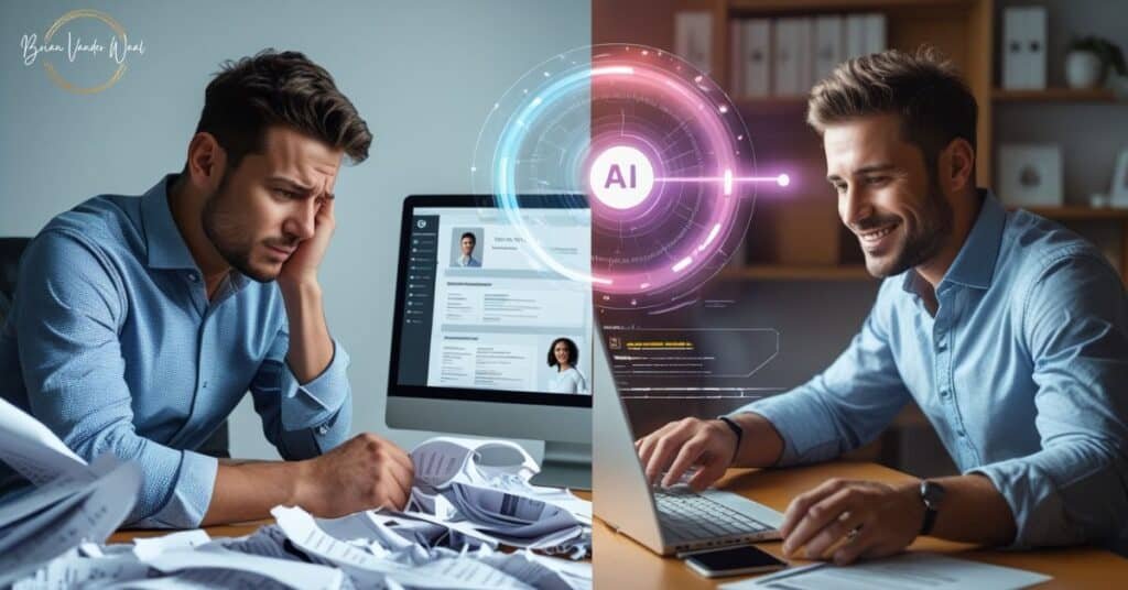 Guaranteed Ways To Bypass Ats With Ai Ethically In 2026 3 An Image Illustrating How Ai Can Empower Job Seekers To Enhance Their Resumes Or Cvs And Increase Job Opportunities. On The Left Side Of The Image Is A Frustrated Job Seeker, Surrounded By Crumpled Cv Printouts, Sitting At A Desk Looking Disheartened In Front Of A Computer Screen.In The Centre Is A Symbolic Transformation Moment: The Same Job Seeker Now Working With An Ai Assistant—Represented As A Sleek, Glowing Digital Circle Hovering Above The Keyboard—Analysing And Editing The Cv.On The Right, Is The Same Job Seeker Now Smiling And Confident, Checking His Email.On The Top Left Corner Is The &Quot;Brian Vander Waal&Quot; Brand Logo.This Image Represent How You Can Bypass Ats With Ai Ethically.