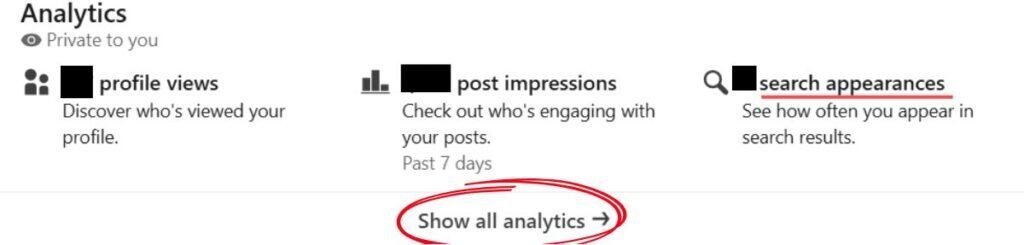 An Image Of Part Of Your Analytics Dashboard, Which Shows Your Profile Views, Post Impressions And Search Appearances.. You Can Click &Quot;Search Appearances&Quot; To See More Detail. Below You Can Click &Quot;Show All Analytics&Quot; To See More Detailed Analytics. Steps To Take: Scroll Down To Your Analytics Dashboard And See Your “Search Appearances.” Then Click &Quot;Search Appearances&Quot; Or &Quot;Show All Analytics If You Want To See More Detailed Analytics. 