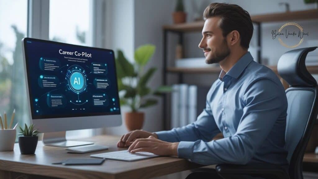 What Is The Future Of Ai-Powered Job Search Beyond 2026? 2 An Image Of A Male Job Seeker Sitting At His Desk In His Home Office In Front Of His Computer. You Can See His Career Co-Pilot App On His Computer Screen. The Man Is Smiling As He Is Happy With The Support He Is Receiving To Plan His Future. The Brian Vander Waal Brand Logo Is On The Wall. The Image Represents The Future Of Ai-Powered Job Search.