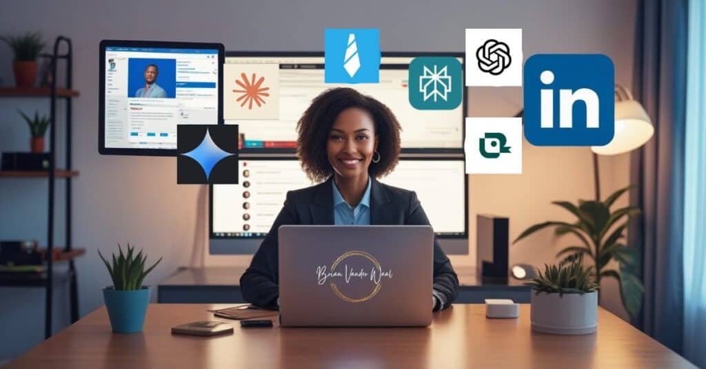 An Image Of A Confident, Female Professional (Mid-Career) Sitting At A Desk On A Laptop In Her Home Office, With A Glowing Linkedin Profile Page Displayed On A Screen Behind Her. Digital Logos Floating Around Her Represents Popular Ai Tools Like Chatgpt, Claude, Gemini, Perplexity, Teal, And Jobscan—Depicted As Logos Offering Suggestions Or Edits. A Linkedin Logo Subtly Integrated Into The Background To Represent Career Growth And Success. The &Amp;Quot;Brian Vander Waal&Amp;Quot; Brand Logo Is Also On The Back Of The Laptop. The Image Symbolizes How To Optimize My Linkedin Profile With Ai Tools.