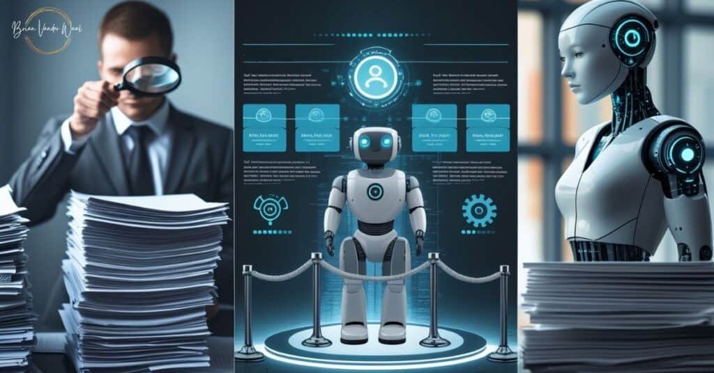 Guaranteed Ways To Bypass Ats With Ai Ethically In 2026 2 A Symbolic And Professional Image Showing The Role Of Ai In Recruitment. The Image Shows The Evolution Of Recruitment From Paper Cvs To Ai-Powered Screening. On The Left Side, A Recruiter Is Sifting Through Stacks Of Paper Cvs Using A Magnifying Glass. On The Right Side Is A Futuristic Ai Interface Or Robot Analysing Digital Resumes On A Computer Screen With Keywords Highlighted And Candidates Being Filtered. In The Middle Is A Metaphorical ‘Gatekeeper’ Figure— A Robotic Bouncer—Standing At A Rope Barricade. The &Quot;Brian Vander Waal&Quot; Brand Logo Is On The Top Left Corner Of The Image. Understanding The Role Of Ai In Recruitment Will Help Us Understand Why We Also Need To Bypass Ats With Ai Ethically.