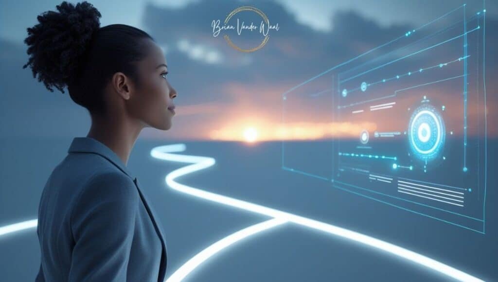 What Is The Future Of Ai-Powered Job Search Beyond 2026? 5 An Image Of A Professional Woman Gazing Towards A Bright Horizon With A Sunset Symbolizing Future Career Paths. A Sleek, Futuristic Ai 'Career Co-Pilot' Interface Subtly Provides Guidance Through Illuminated Pathways. The Image Emphasizes Optimism, Human-Ai Collaboration, And Empowerment. Overall The Photo Represents The Future Of Ai-Powered Job Search. The Brian Vander Waal Brand Logo Is In The Top Center In The Grey Cloud.