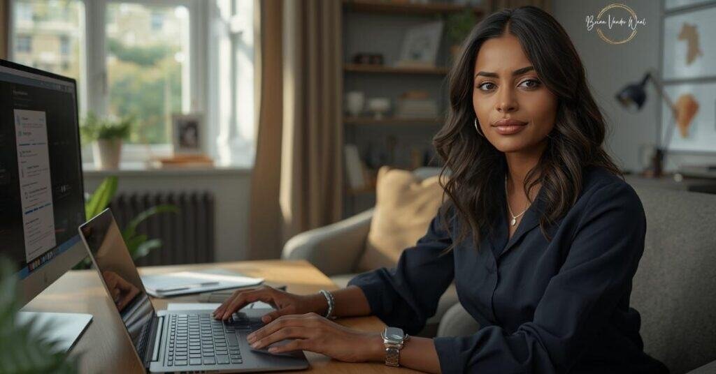 How To Use Ai For Remote Job Applications: Tools &Amp;Amp; Strategies 1 An Image Of A Professional British Indian Woman In Her Early 30S Sitting In A Stylish Home Office, Working On A Sleek Laptop, With Natural Daylight Streaming Through A Window. She Looks Focused And Confident. On The Desk Are A Neatly Stacked Cv And Cover Letter Beside A Laptop That She Is Typing On. In The Background, Tasteful Home Office Decor: A Potted Plant, Modern Bookshelf With A Few Books And Decorative Items, And Soft Lighting. The Room Feels Warm And Inviting But Professional, With Subtle Tech Elements Hinting At Ai Use (Like A Second Monitor Showing Text And Graphic). This Image Represents How To Use Ai For Remote Job Applications.