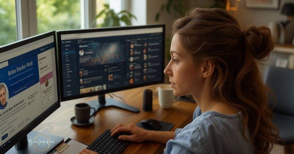 An Image Of A Professional Woman With Two Monitors, One Showing A Blurred Ai Job Research Dashboard And The Other Displaying Brian Vander Waal'S Linkedin Profile. Desk Is Neatly Organised With A Wireless Keyboard, Mouse And Two Coffee Cups. The Woman Is Engaged In Remote Job Search With Ai. Behind Them, A Window With Daylight And Greenery Outside, Suggesting Connection To The Wider World.