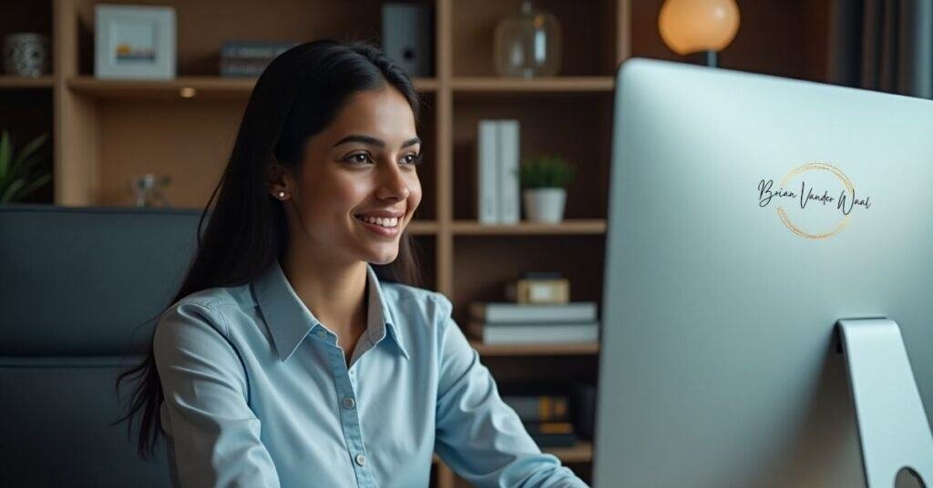 An Image Of A Professional Woman Mid-Video Interview, Sitting In Front Of A Computer Screen In A Nice Desk Chair. She Is Making Eye Contact With The Camera, Smiling Warmly, Wearing A Smart Shirt. The Background Is A Tidy Home Office With Shelves Containing A Few Books And Other Decorative Items. 