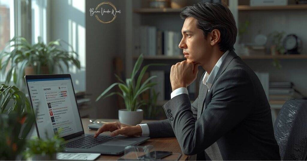 An Image Of A Professional Man In A Bright Home Office, Doing A Job Application On A Laptop Using Ai. The Ai Dashboard Is On The Screen. The Scene Conveys Focus And Determination, With Natural Sunlight Streaming Through A Window, Indoor Plants, And Neatly Organised Bookshelves In The Background. The Man Is Mid-30S, Dressed In A Smart Suit Looking At The Screen Thoughtfully, Hand On Chin. 