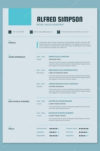 How To Write A Powerful Personal Profile For Cv In 2026 4 Image Of A Cv With A Personal Profile On The Top Of The Cv. A Clean, Modern Cv Template For A Retail Sales Assistant, Featuring The Name Alfred Simpson With Sections For Contact Details, Profile Summary, Work Experience, Education, And Skills, Laid Out In A Teal And White Design.