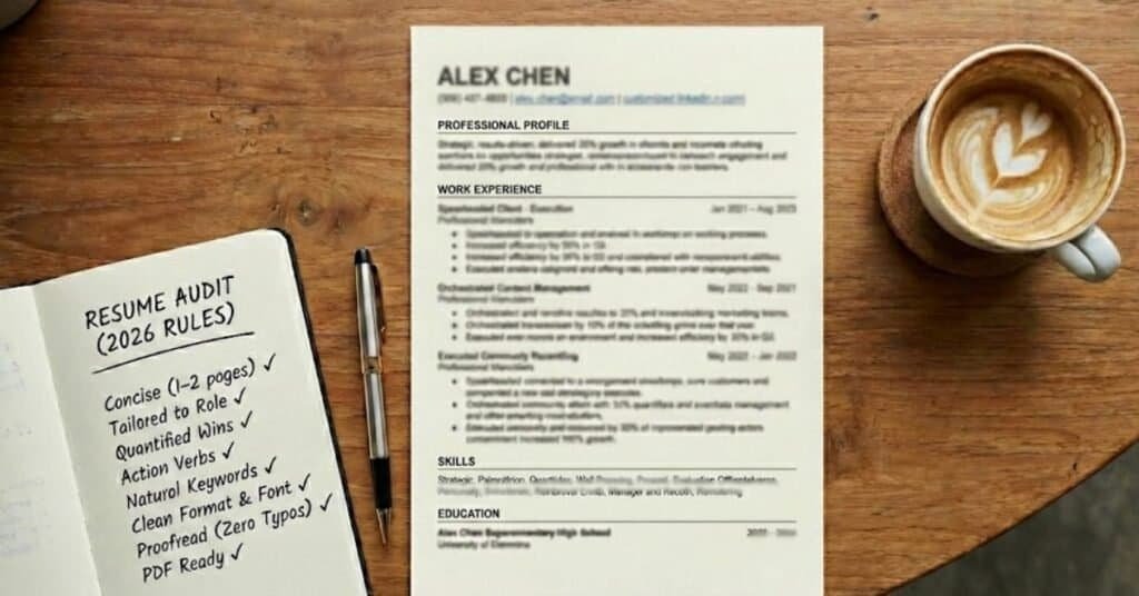 21 Top Tips For Writing And Formatting A Resume 2026 2 An Image Of A Resume Or Cv On A Table. There Is A Coffee On The Right Of The Resume. Read My Top Tips For Writing And Formatting A Resume To Ensure You Have A Quality Resume Which Will Pass The Inspection Of A Recruiter.