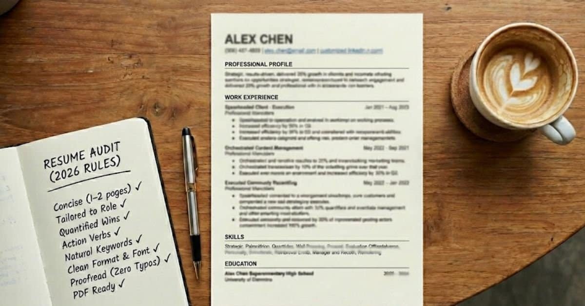 An Image Of A Resume Or Cv On A Table. There Is A Coffee On The Right Of The Resume. Read My Top Tips For Writing And Formatting A Resume To Ensure You Have A Quality Resume Which Will Pass The Inspection Of A Recruiter.