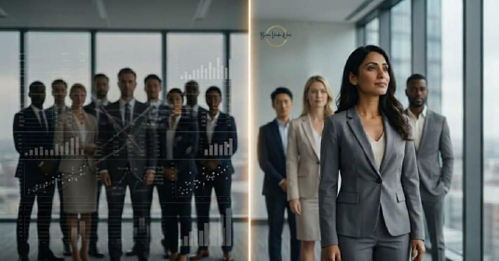 A Professional, Conceptual Image Divided Into Two Distinct Sections By A Soft, Glowing Vertical Line, Illustrating Different Competitive Environments In A Modern Job Market.On The Left Side, A Group Of Nine Diverse Business Professionals Stands In A Crowded, Slightly Blurred Line. A Complex Overlay Of Digital Charts, Bar Graphs, And Scatter Plots Covers Them, Creating A Sense Of A High-Density, Data-Heavy, And Congested Recruitment Pool.On The Right Side, The Same Office Background Is Visible But Significantly Less Crowded. A Woman In A Grey Business Suit Stands In Sharp Focus In The Foreground, Looking Toward The Right With A Confident Expression. Behind Her, Only Three Other Professionals Are Visible And Blurred, Suggesting A More Targeted And Strategic Competitive Context. She Has Learned How To Stand Out In Job Applications By Following Brian Vander Waal'S Three Strategies. This Side Represents A Candidate Who Has Successfully Positioned Themselves To Stand Out.