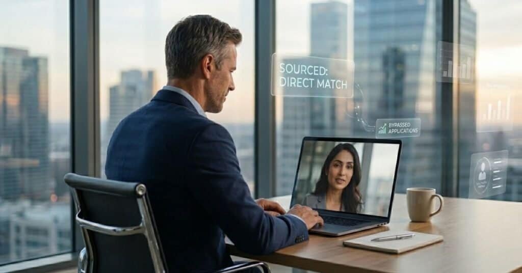 A Professional, Cinematic Image Depicting How To Stand Out In Job Applications Through Brian Vander Waal'S &Quot;Bypass Entirely&Quot; Strategy. A Recruiter In A Navy Suit Is Seen From Behind His Shoulder, Sitting At A Modern Desk By A Large Window Overlooking A Blurred City Skyline. He Is Engaged In A Live Video Call On His Laptop With A Female Professional. Transparent, Futuristic Ui Elements Float To The Right Of The Laptop: One Prominent Box Reads &Quot;Sourced: Direct Match,&Quot; While A Smaller Icon Below It Reads &Quot;Bypassed Applications&Quot; Next To A Growth Chart. The Image Illustrates The Shift From Algorithmic Filtering To Direct Human Connection Through Strategic Sourcing, Reinforcing The Blog'S Theme Of Escaping The Traditional Application Bracket. 
