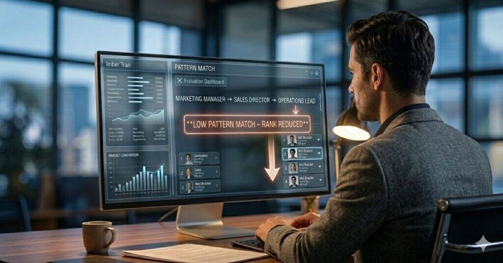 Why Am I Not Getting Job Interviews? — A Hyper-Realistic Over-The-Shoulder Photograph Showing A Male Recruiter In A Grey Blazer Looking At A Computer Screen. The Screen Displays A Complex Data Dashboard Illustrating The 'Category Mismatch Problem.' The Non-Linear Career Path Marketing Manager → Sales Director → Operations Lead Is Cascading Across The Screen. As The Ai Processes This, A Prominent, Text-Accurate, Glowing Notification In A Subtle Red/Orange Warning Glow Pops Up Over The Data, Clearly Reading: 'Low Pattern Match – Rank Reduced.' Below This Central Notification, A Glowing Ranking Arrow Is Explicitly Moving A Candidate Profile Lower On A Ranked List, Visualizing How A Qualified, Non-Standard Career Path Is Deprioritised By The Algorithm.