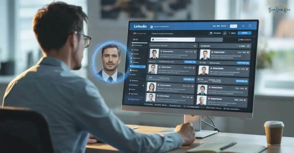 This Image Represents The Answer To The Question: How Do Recruiters Find Candidates? And How To Get Found. A Man With Glasses Sits At A Desk In A Bright, Modern Office, Viewed From Behind. He Is Looking At A Computer Monitor Displaying A Mockup Of A Linkedin Recruiter Interface Featuring Candidate Profiles Arranged In A Grid. A Glowing, Circular Holographic Portrait Of A Professional-Looking Man In A Suit Floats In The Air Between The Man And The Screen, Symbolising A Candidate Being &Amp;Quot;Discovered&Amp;Quot; Or Highlighted By Search Technology. On The Wooden Desk Are A Notebook, A Pen &Amp;Amp; A Disposable Coffee Cup.